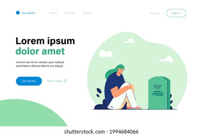 Girl mourning loss of loved one. Flat vector illustration. Cartoon woman sitting by gravestone in darkness and crying. Loss, grief, pain, death concept for banner design or landing page