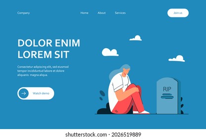 Girl mourning loss of loved one. Flat vector illustration. Cartoon woman sitting by gravestone in darkness and crying. Loss, grief, pain, death concept for banner design or landing page