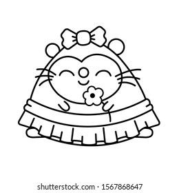 girl mouse in a skirt, with a bow on her head and a flower in her hand. Black contour on white background. сoloring. Vector  