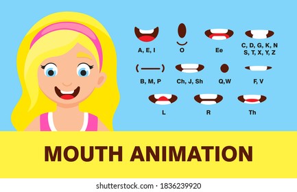 Girl mouth animation with different expressions in flat style vector illustration set. Lip sync sound pronounciation and phoneme mouth talk expression character chart.