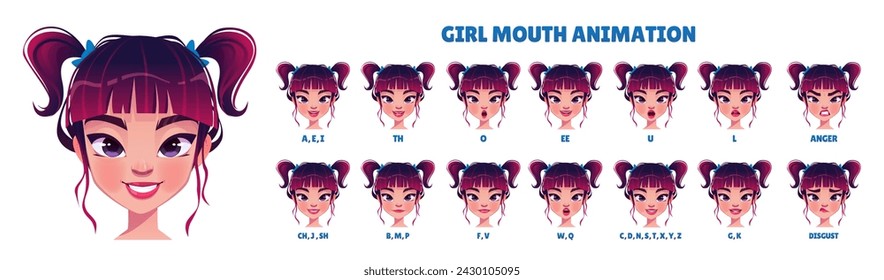 Girl mouth animation set isolated on white background. Vector cartoon illustration of female teen character face pronouncing different sounds, lip sync and emotions collection, avatar constructor