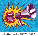 Girl mouth with megaphone. Vector illustration in pop art style. Mouth and megaphone speech, female screaming announce illustration
