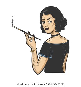 girl with mouthpiece cigarette holder and cigarette color sketch engraving vector illustration. T-shirt apparel print design. Scratch board imitation. Black and white hand drawn image.
