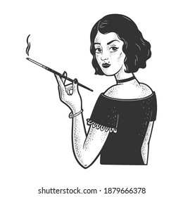 girl with mouthpiece cigarette holder and cigarette sketch engraving vector illustration. T-shirt apparel print design. Scratch board imitation. Black and white hand drawn image.