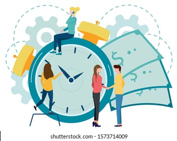 The girl moves the clock to bring the time to close the deal. Time management, control. Vector illustration flat design. Isolated on background. Businessman run along gear in form of clock.