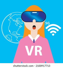 Girl moving objects using VR device rendering vector image of virtual world