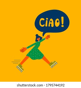 Girl moving on roller skates and saying hello in Italian. Learn Italian online. Learn languages. Intercultural communication
