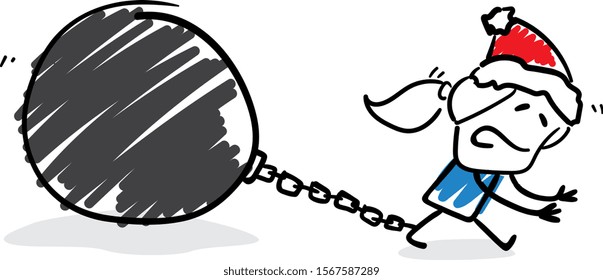 Girl with too much work before new year - pulling a kettlebell.
Girl hand drawn doodle line art cartoon design character - isolated vector illustration outline of woman.

