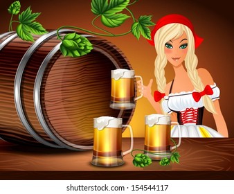 A girl with a mug of beer and a barrel