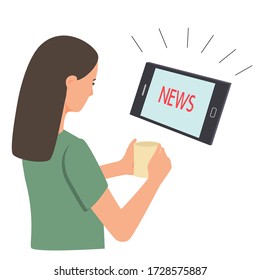 A girl with a mug in her hands is watching the news on a tablet. Concept with a young woman isolated on a white background. Cute character in flat cartoon style, vector illustration.