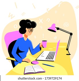 Girl with a mug of tea in hand works sitting at a table on a laptop. Copywriter, writer, journalist at work at home. Flat vector illustration.