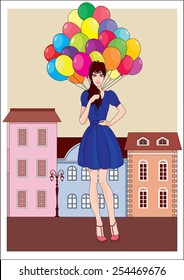 Girl with multi-colored balloons on a background of the city. Postcard. Advertising. Holidays. Vector. Fashion illustration.