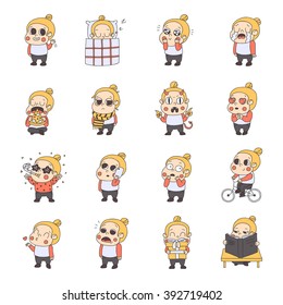 Girl multicolored stickers (emoji) vector set. Cute naive style.