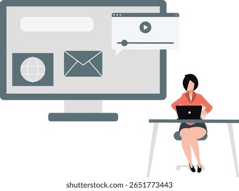 Uma garota realiza várias tarefas em seu notebook, navegando habilmente em vários navegadores simultaneamente. Ela alterna entre Chrome, Firefox, Safari e Edge, conduzindo pesquisas, navegando.