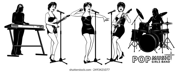 Girl Music Band Set. Keyboardist, Singers, Electric guitarists, Drummer. Microphones with stands are separate objects. Vector cliparts isolated on white.