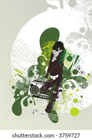 girl with music ,grunge & floral elements,vector illustration