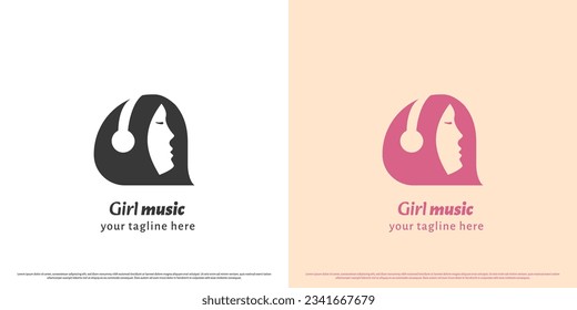 Girl music logo design illustration. Creative abstract silhouette concept of female shadow listening to symphony song music using headphones. Modern mascot flat simple flat lifestyle people icon.