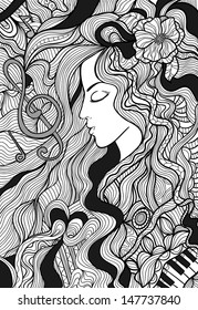 Girl and music. Vector illustration. Black outline and fragmental monochrome grey fill.