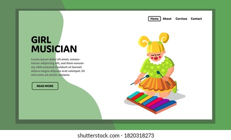 Girl Musician Instrument Performing Melody Vector. Performer Girl Musician Beat Equipment Playing Sound Rhythm. Character Little Baby Play On Musical Tool Web Flat Cartoon Illustration