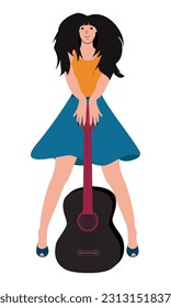 girl musician with a lush hairdo stands with a guitar and smiles