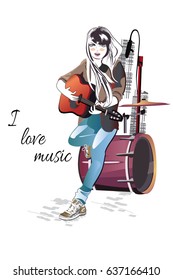 Girl musician playing the guitar in the city. Hand drawn vector background.