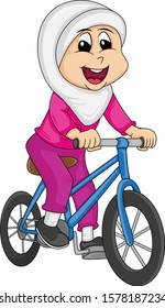 Girl muslim - a little girl wearing a hijab riding a bicycle cartoon vector illustration