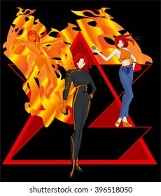 Girl mutant showing its phases, normal life, combat uniform and extolling its fire powers