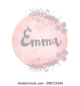 Girl name Emma. Calligraphy lettering. Cute Floral pattern. Watercolor background