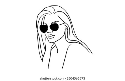 Girl narcissist, admires himself with black glasses on white background. Sport girl model line art drawing. Vector illustration