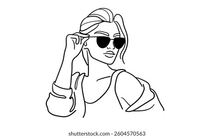 Girl narcissist, admires himself with black glasses on white background. Sport girl model line art drawing. Vector illustration