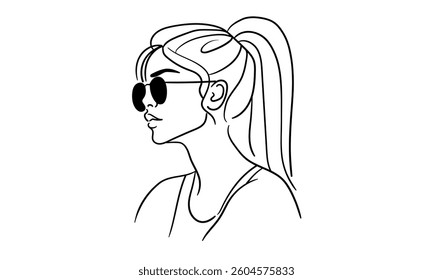 Girl narcissist, admires himself with black glasses on white background. Sport girl model line art drawing. Vector illustration