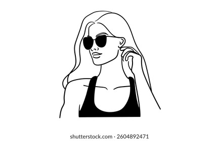 Girl narcissist, admires himself with black glasses on white background. Sport girl model line art drawing. Vector illustration