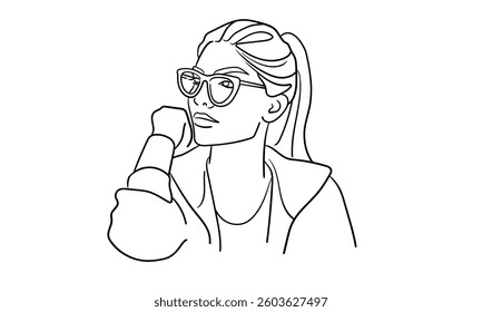 Girl narcissist, admires himself with glasses on white background. Girl model line art drawing. Vector illustration