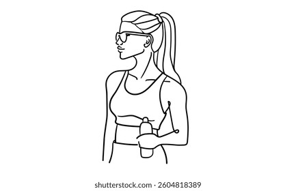 Girl narcissist, admires himself with glasses on white background. Sport girl model line art drawing. Vector illustration