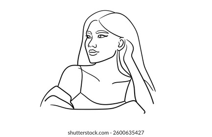 Girl narcissist, admires himself on white background  
Line art drawing. Girl asian model. Vector illustration