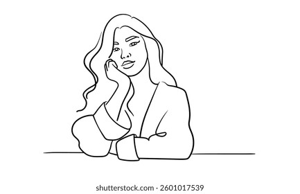 Girl narcissist, admires himself on white background  
Line art drawing. Girl asian model. Vector illustration