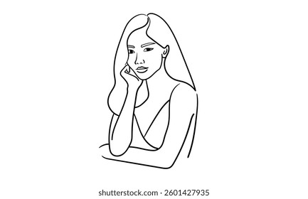 Girl narcissist, admires himself on white background  
Line art drawing. Girl asian model. Vector illustration