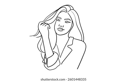 Girl narcissist, admires himself on white background  
Line art drawing. Girl asian model. Vector illustration