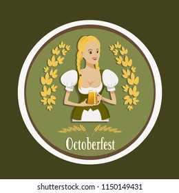 Girl in national Bavarian clothes with a glass of beer in her hands. The image on the beer stand, logo. Oktoberfest