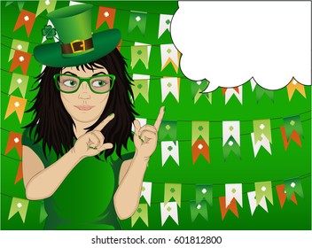 Girl in national costume and green hat on St. Patrick's Day holiday, smiling and hand pointing fingers to the side. Vector on the background of a garland of flags. Empty place for advertising or text 