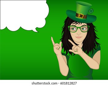 Girl in national costume and green hat on St. Patrick's Day holiday, smiling and hand pointing fingers to the side. Vector. Empty place for advertising or text