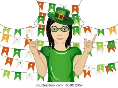 Girl in national costume and green hat on St. Patrick's Day holiday, smiling and hand pointing fingers to the side. Vector on the background of a garland of flags. Empty place for advertising or text