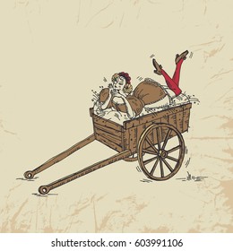 A girl in a national czech costume lies on the wooden cart with hay. Vintage postcard. Holidays. Czech Beer Festival. Vector hand drawn illustration