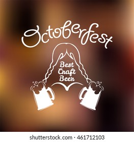 Girl in national dress with beer mug. Oktoberfest beer mug. Best craft beer. Vector illustration. Octoberfest label.