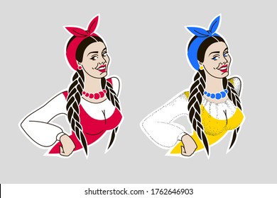 girl in national Ukrainian color. effective women in dress, scarf, with braids, beads. portrait girl with smile can be used for advertising, brand.