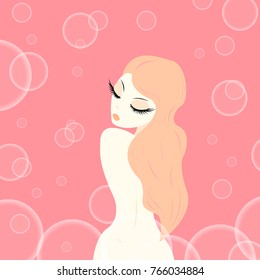 Girl with natural beauty on a background of bubbles, vector