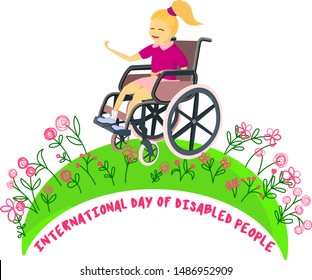 girl in nature. Disabled children in wheelchairs. The child looks at the flowers and is happy. Logo or greeting card with international disabled day