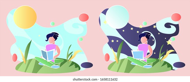 Girl in nature reads at day time and with laptop at night. Vector illustration 