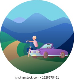 A girl in nature sits on the hood of a car. Holidays in the mountains, relaxation and calm