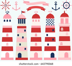 Girl nautical set with lighthouses and marine elements for greeting cards and invitations